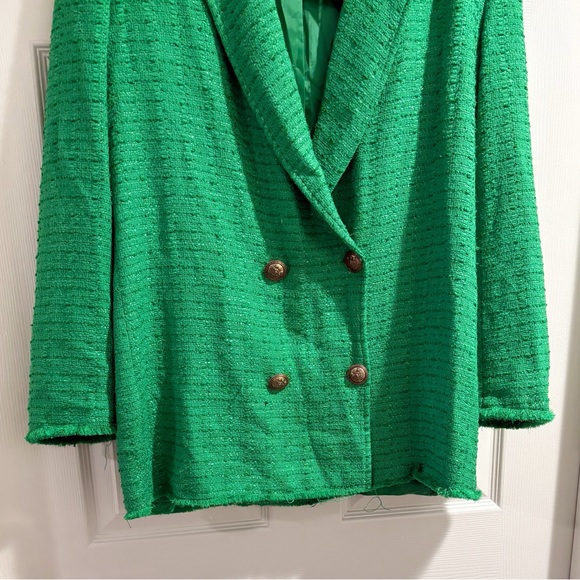 Zara Textured Double Breasted Blazer Tweed Longline Fall Boho Green Sz Large NWT - Picture 7 of 11